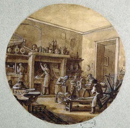 Die Werkstatt des Juweliers, Plattendesign für einen Service, der verschiedene Berufe darstellt, um 1820-35
